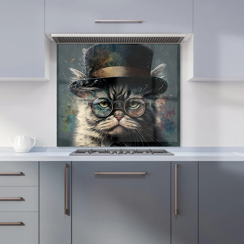 Image of Warren Reed - Designer Selkirk Rex Cat With Glasses Splashart Kitchen Splashback Size: 600mm x 750mm Multicolor Unisex 600mm x 750mm