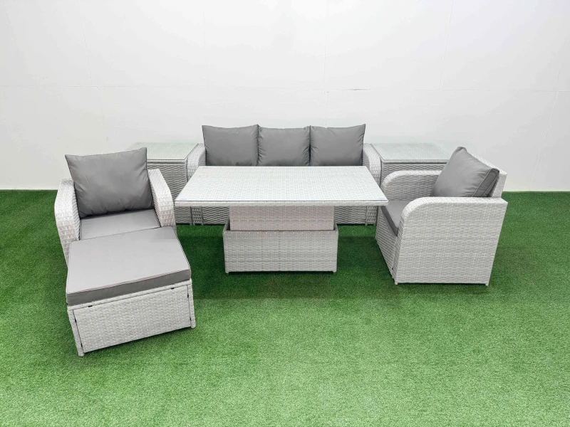 Image of Fimous PE Rattan Garden Furniture Set Reclining Chair Sofa Lounge Sofa Set Adjustable Lifting Dining or Coffee Table 2 Side Table Big Footstool Light