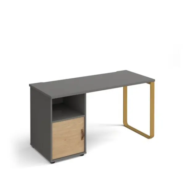 Image of Cairo straight desk 1400mm x 600mm with sleigh frame leg and support pedestal with cupboard door - brass frame, grey finish with oak door