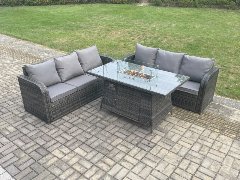 Image of Fimous Rattan Garden Furniture Set with Fire Pit Table 3 Pieces Outdoor Lounge Sofa Set Dark Grey Mixed Dark Grey