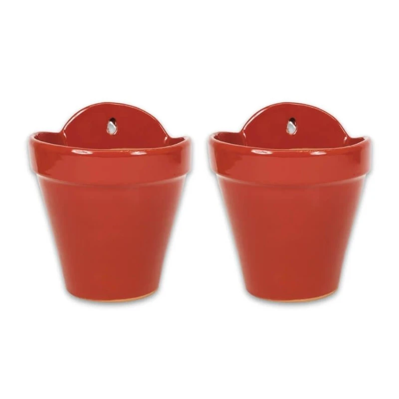 Image of Verano Spanish Ceramics Dipped Red Hand Painted Set of 2 Outdoor Garden Hanging Plant Pots (D) 22cm Red Unisex
