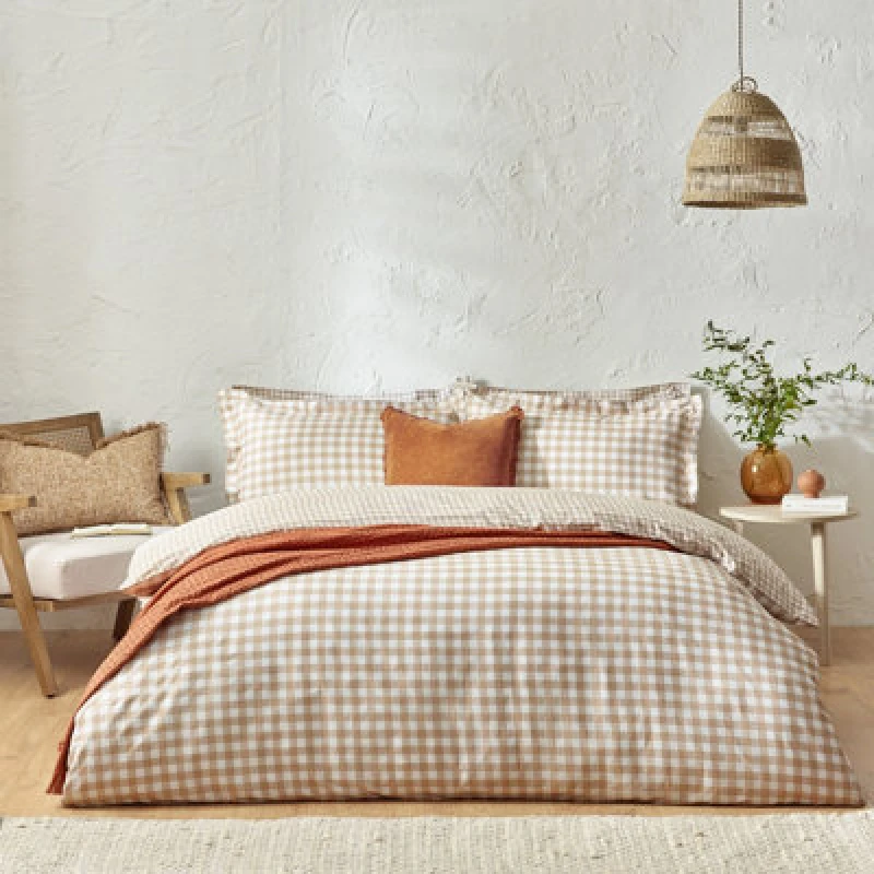 Image of Yard Barton Gingham Check Duvet Set, Super King, Biscuit