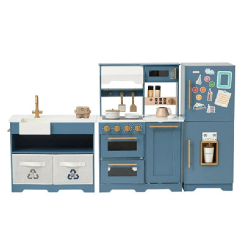 Image of Teamson Kids Modular Wooden Play Kitchen Set With Ice Dispenser, Blue/gold
