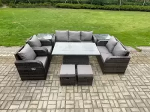 Image of Fimous 7 Seater Outdoor Dark Grey Rattan Lounge Complete Sofa Set with Adjustable Dining Table, Side Tables and 2 Stools