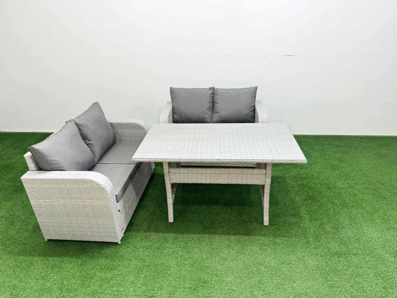 Image of Fimous 4 Seater Outdoor Love Sofa Set Rattan Garden Furniture Set with Rectangular Dining Table Light Grey Light Grey