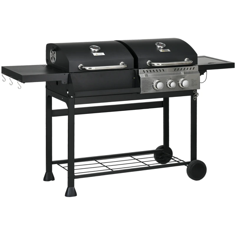 Image of Outsunny Outsunny Dual Fuel BBQ Grill with Wheels, Warming Rack, Black