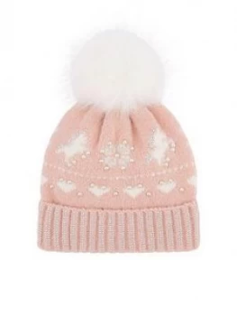 image of Monsoon Girls Charlotte Unicorn Fairisle Hat - Pale Pink