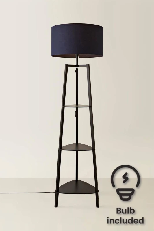 Image of ValueLights ValueLights Hiru Black 3 Tier Shelf Floor Lamp with Large Drum Shade and Bulb in Navy Navy One Size Unisex 5059406037559