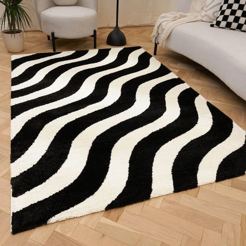 Image of THE RUGS Joli Wavy Soft & Dense Pile Living Room & Bedroom Rug in Black Size: 80cm x 150cm Black Unisex 80cm x 150 cm