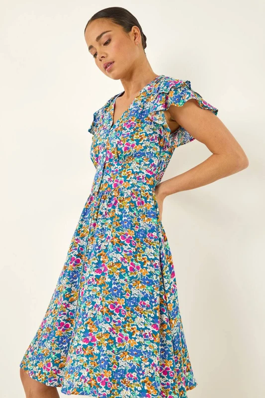 Image of Roman Womens Petite Ditsy Floral Button Dress in Blue Size: 16 Blue Female 16