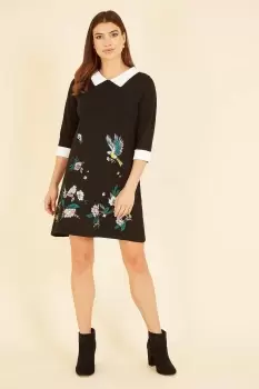 Image of Black Bird and Floral Embroidered Knitted Peter Pan Dress