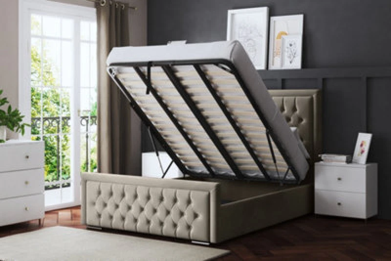 Image of DS LIVING Allegra Cream Upholstered Bed With Ottoman Metal Gas Lift Single AM_HILTONOB_SIN_CRE