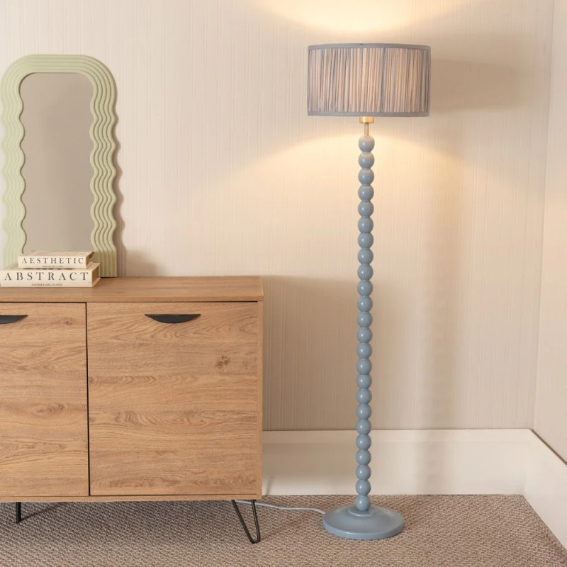 Image of ValueLights Bobbins Powder Blue Floor Lamp with Ruched Pleated Drum Lamp Shade Baby Blue