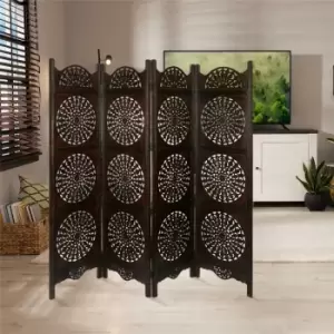 Topfurnishing - 4 Panel Hand Carved Indian Wooden Round Sticker Design Screen Room Divider 183x50cm per panel, wide open 202cm [Dark Brown] - Dark