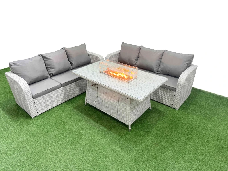 Image of Fimous Outdoor Garden Furniture Sets 6 Seater Wicker Rattan Furniture Sofa Sets with Firepit Dining Table high Back Lounge Sofa Light Grey Light Grey