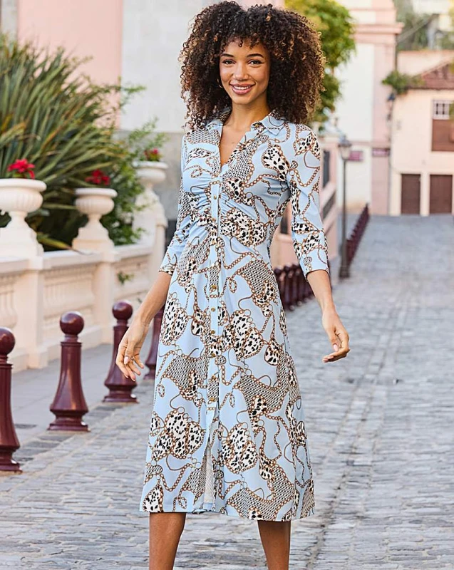 Image of Sosandar SOSANDAR Blue PRINT RUCHED MIDI DRESS Blue Multi-Coloured - Sosandar - Size: 8 Blue Multi-Coloured Female 8 PQ64909
