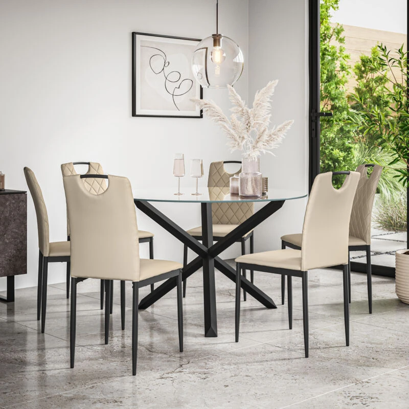Image of More4Homes Malvern Round Dining Table & Chairs - Clear Glass Table Top w Solid Oak Black Legs + Monza Faux Leather Dining Chair Set Of 6 in Beige Beig