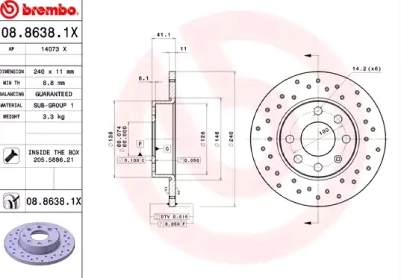 Image of BREMBO 08.8638.1X Brake disc Perforated, Coated, with bolts/screws Brake Disc (82)