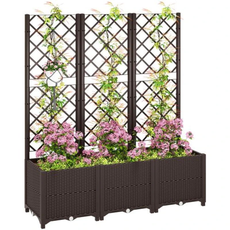 Image of Outsunny Outsunny Plastic Planter Box with Trellis, Vegetable Planter w/ Drain Plugs Brown