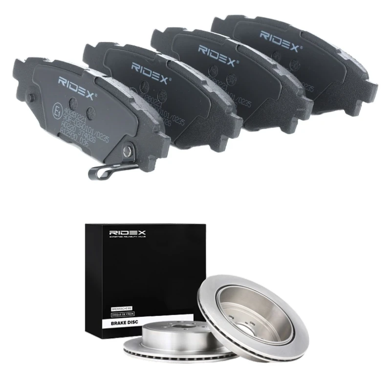 Image of RIDEX 3405B2477 Brake disc and pads set Rear Axle, Brake Disc Type: internally vented, with acoustic wear warning Brake Set,disc brakes (3405)
