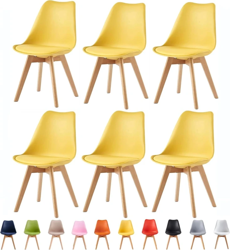 Image of MCC Direct Set of 6 Dining Chairs with Solid Wooden Legs & Seat Cushion Pads in Grey - Eva by MCC in Yellow Yellow Unisex