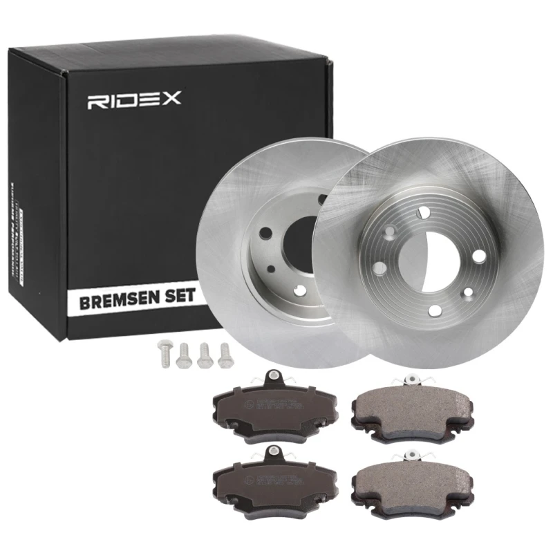 Image of RIDEX 3405B1776 Brake disc and pads set Front Axle, Brake Disc Type: Solid, without wheel hub Brake Set,disc brakes (3405)