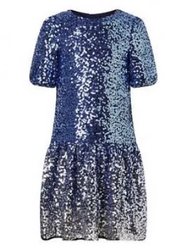 Image of Monsoon Girls Ombre Sequin Drop Waist Dress - Blue, Size 10 Years, Women