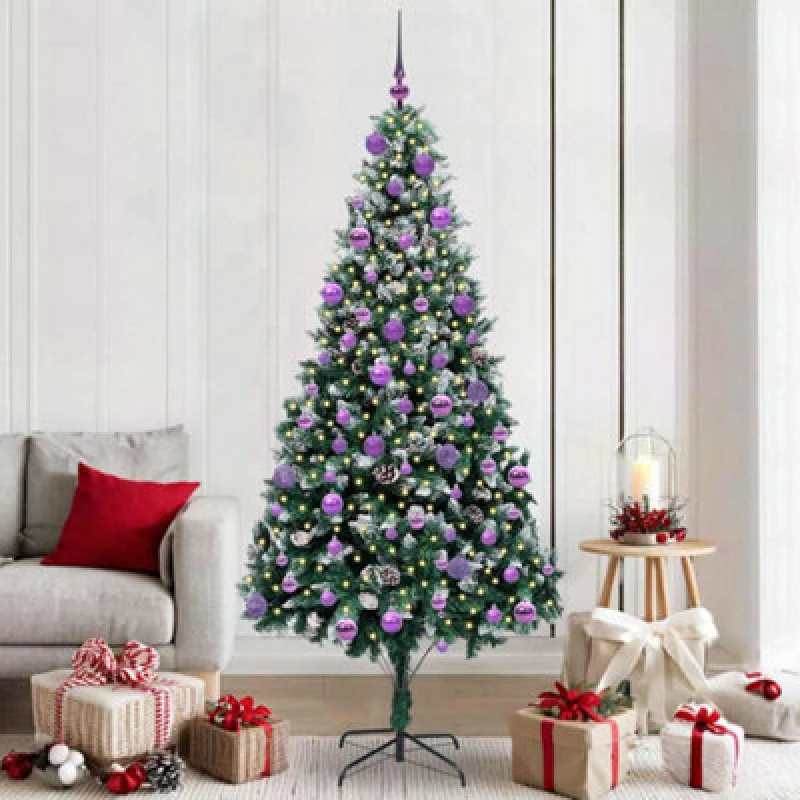 Image of vidaXL Artificial Christmas Tree with 300 LEDs, Lilac Balls with Stand Green 210 x 120 cm, Green 3396279