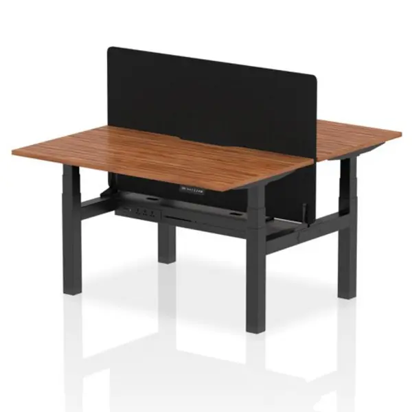 Image of Air Air Back-to-Back 1400 x 800mm Height Adjustable 2 Person Bench Desk Walnut Top with Scalloped Edge Black Frame with Black Straight Screen HASSE2P