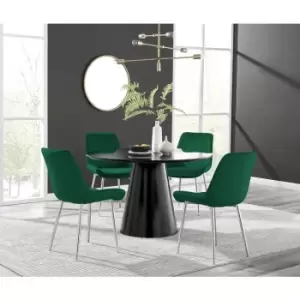 Image of Furniturebox Palma Black Semi Gloss 120cm Round Minimalist Dining Table & 4 Green Pesaro Silver Chairs