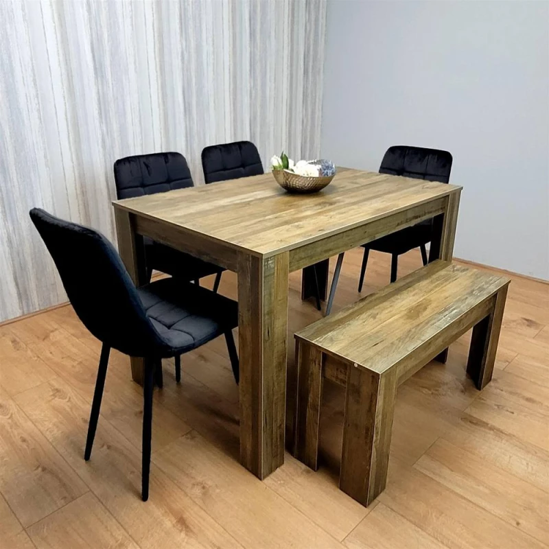 Image of KOSY KOALA Modern Rustic Effect Dining Table Set with 4 Black Velvet Chairs & Bench - Kitchen Dining Furniture in Brown Brown Unisex