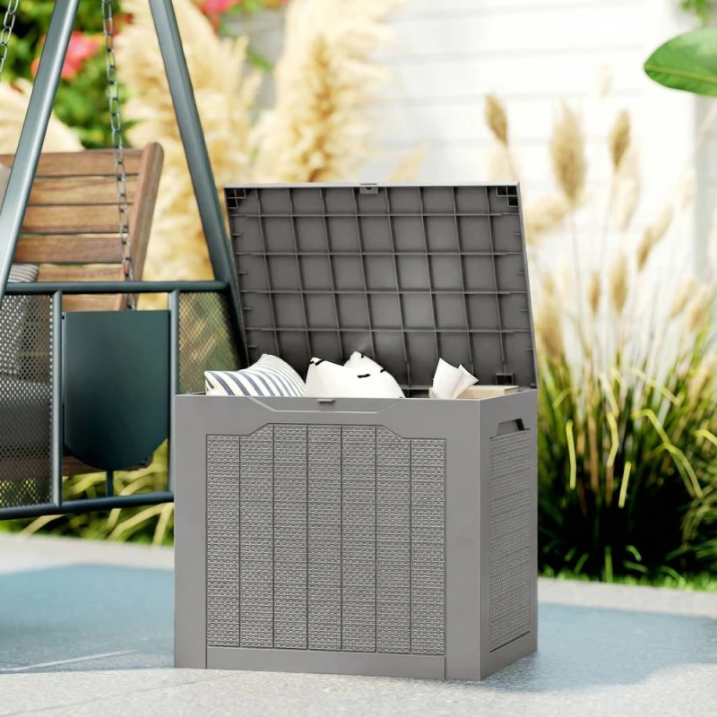 Image of Outsunny 93L Plastic Garden Storage Box, Storage Container W/ Handles Khaki, Brown 84G-791V00KK