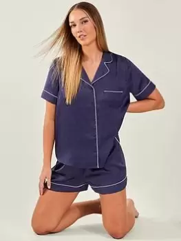 Image of Accessorize Satin Button Down Short Set, Navy, Size L, Women