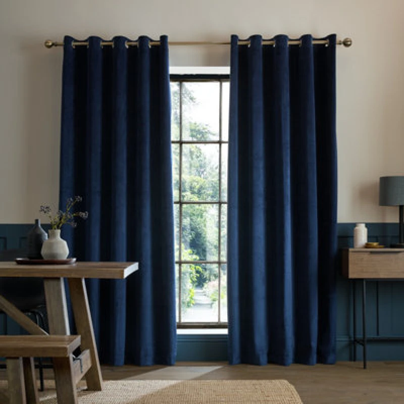 Image of Catherine Lansfield Super Thermal Blackout Matt Velour 66X54" Eyelet Curtains Two Panels Navy Blue