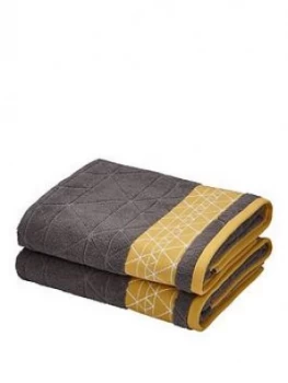 image of Catherine Lansfield Linear Diamond Towel Range - Charcoal/Yellow - 2 Bath Towels