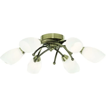 image of Searchlight Opera - 6 Light Flush Multi Arm Ceiling Light Antique Brass and Opal Glass, G9