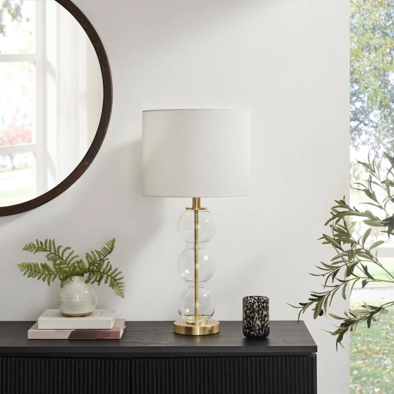 Image of FurnitureboxUK Misha Glass & Brass Bubble Stack Pillar Table Lamp in White White Unisex