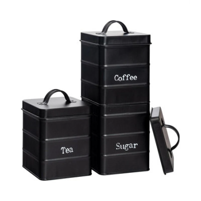 Image of Harbour Housewares Kitchen Tea Coffee Sugar Canisters - Black - Vintage Metal Storage Caddy Tin Jar