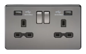 image of KnightsBridge 13A 2G Screwless Black Nickel 2G Switched Socket with Dual 5V USB Charger Ports - Black Insert