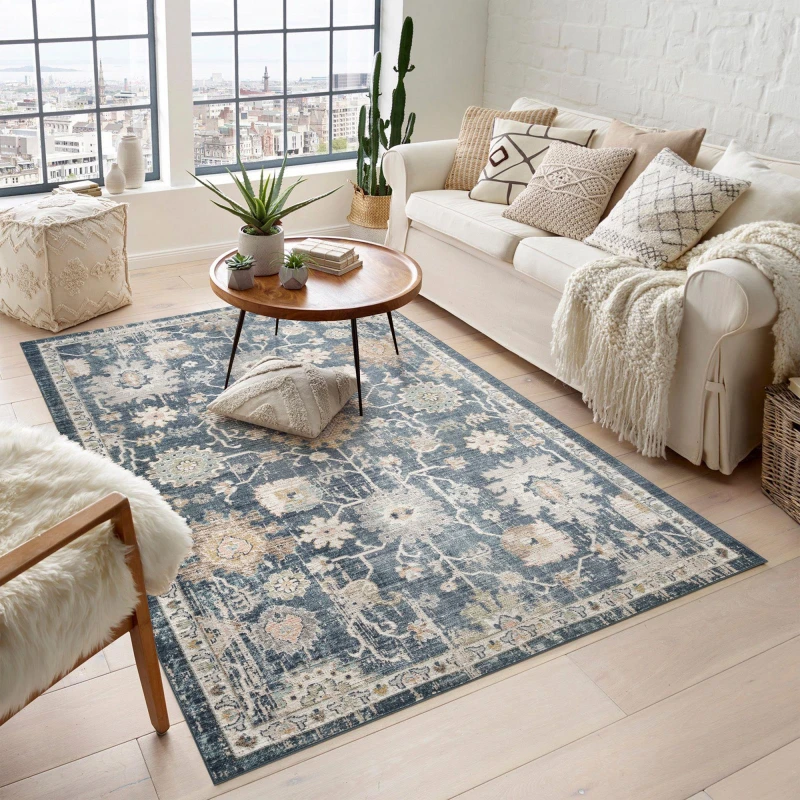 Image of Maia Washable Low Pile Non Slip Lagoon Traditional Area Rug - Navy, 120 X 180 Cm (Rectangular)
