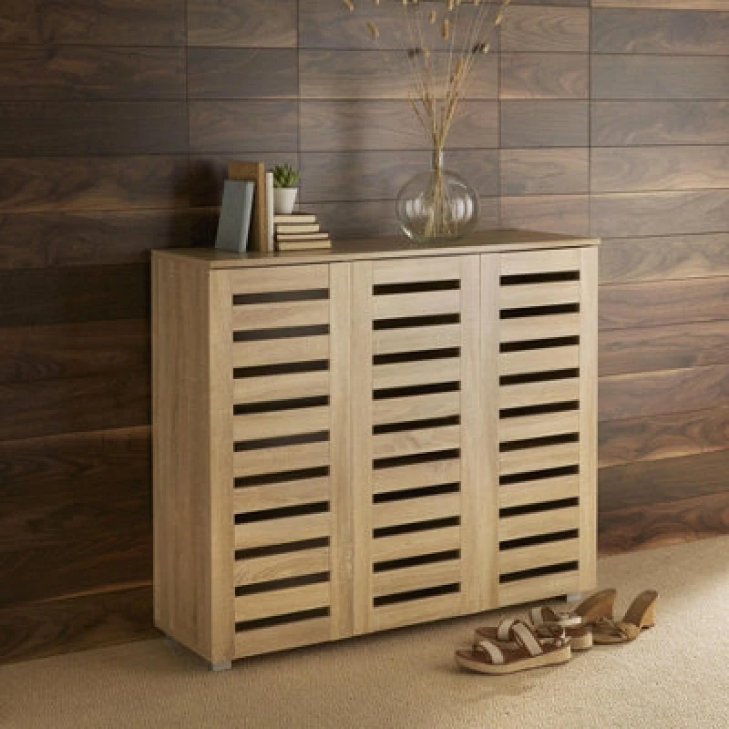 Image of HOME SOURCE Oslo 3 Door Oak Wooden Shoe Storage Cabinet Rack Stand Cupboard Slatted Doors SHOOSL3OK