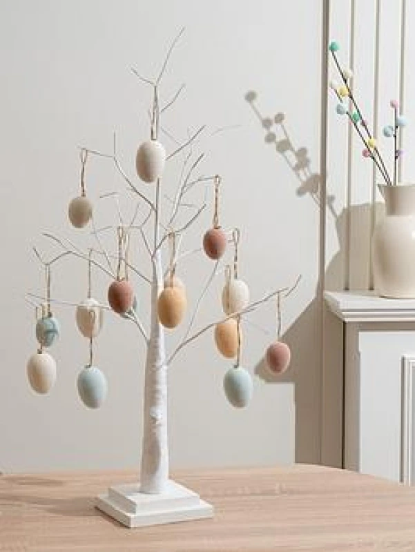 Image of SO'HOME 70cm Twig Tree & Hanging Egg Decorations in Soft Touch Pastels (15pc) White ONE SIZE