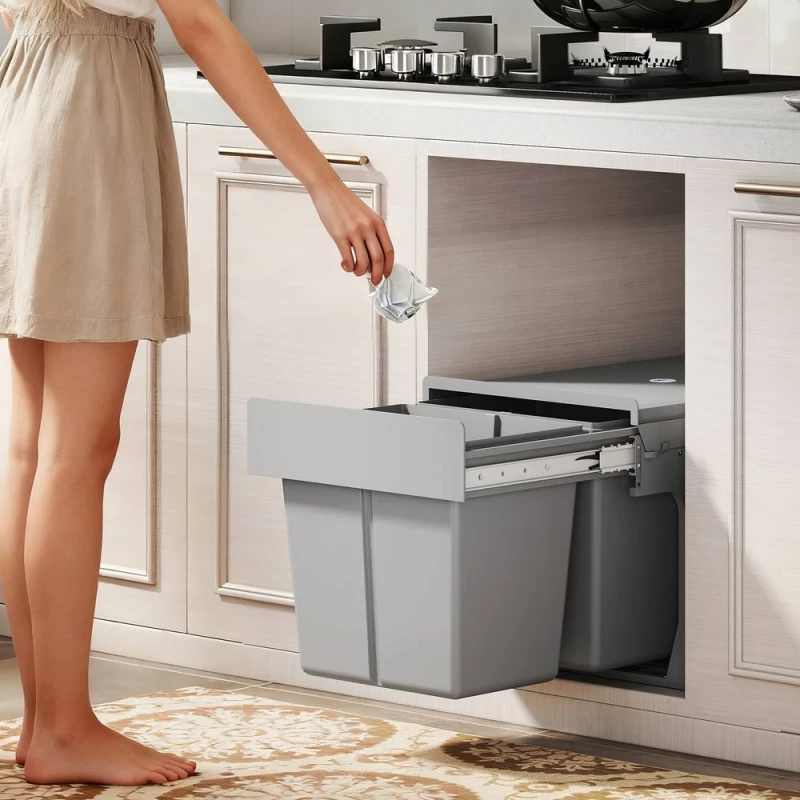 Image of HOMCOM Soft Close Pull Out Bin, Under Sink Bin - 2 Compartments (15L Each) in Light Grey Size: 30L Light Grey Unisex 30L