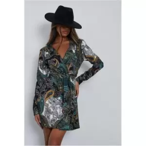 Image of I Saw It First Black Geometric Printed Blazer Dress With Self Covered Belt - Black