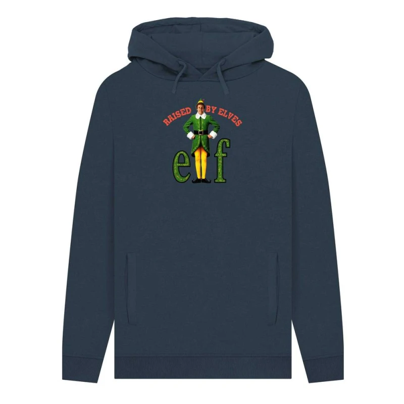 Image of Elf Mens Raised By Elves Movie Hoodie in Navy Size: Small Navy Male S