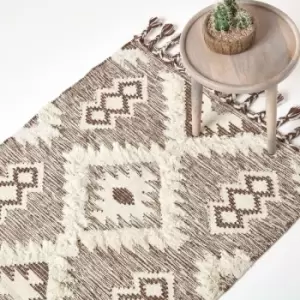 Image of Lhasa Handwoven Brown and Cream Textured Diamond Pattern Kilim Wool Rug, 90 x 150cm - Brown - Homescapes
