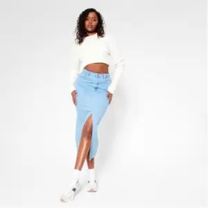 Image of I Saw It First Front Split Denim Midi Skirt - Blue