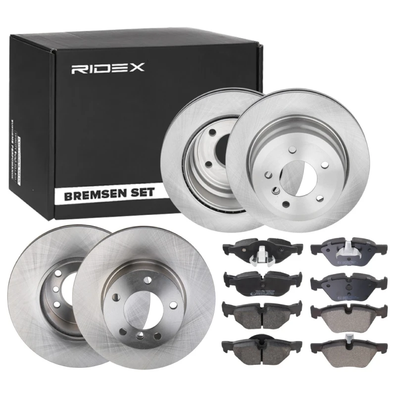 Image of RIDEX 3405B1693 Brake disc and pads set Front Axle, Brake Disc Type: internally vented, prepared for wear warning indicator, with piston clip Brake S