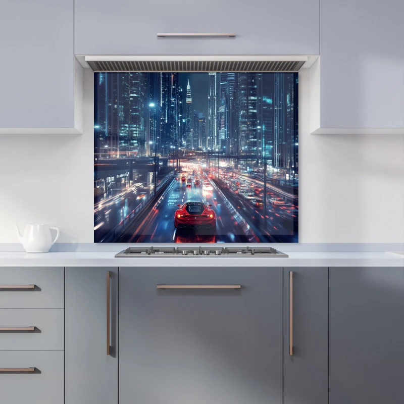 Image of Warren Reed - Designer Red Streak through Nighttime Dubai Kitchen Splashback Size: 600mm x 750mm Multicolor Unisex 600mm x 750mm