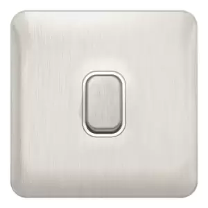 image of Schneider Electric Lisse Screwless Deco - Single 2 Way Light Switch, 10AX, GGBL1012WSS, Stainless Steel with White Insert